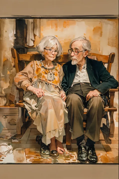 （Egon Schiele）（John Singer Sargent） (Heartwarming) An elderly couple who have been together for many years. Rocking in rocking chairs, they spend a relaxing time by the fireplace. You can feel a soft and warm atmosphere.(Ink on Japanese paper, which tends ...