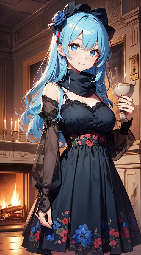 top-quality、Top image quality、​masterpiece、girl with((sixteen years old、teen ager、cute little、Best Bust、big bast,Beautiful blue eyes、Breasts wide open, blue hairs、red hairs、Longhaire、A slender,Large valleys、,Black floral dress、A smile、blue scarf、Black wris...