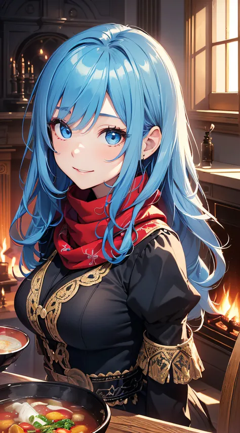 top-quality、Top image quality、​masterpiece、girl with((sixteen years old、teen ager、cute little、Best Bust、big bast,Beautiful blue eyes、Breasts wide open, blue hairs、red hairs、Longhaire、A slender,Large valleys、,Black floral dress、A smile、blue scarf、Black wris...