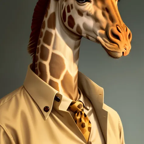 Giraffe wearing a button up shirt, buttoned all the way up its neck.