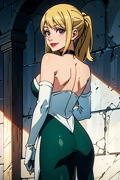 Lucy_Heartfilia, green dress, long dress, strapless dress, backless dress, long white elbow gloves, smile, light red lipstick, dark purple eye shadow, makeup, black choker, cowboy shot