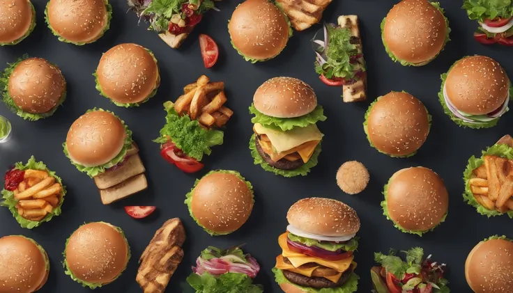 2700*755 resolution hamburger promotional landscape, close-up, Verism, Wide-Angle, optical illusion, highres, UHD