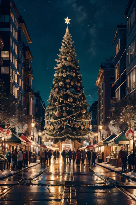 Christmas street scene, Brightly lit，midnight city, bokeh, 8K, high qulity, tmasterpiece, Best quality at best, k hd, The is very detailed, Volumetriclighting, realisticlying,