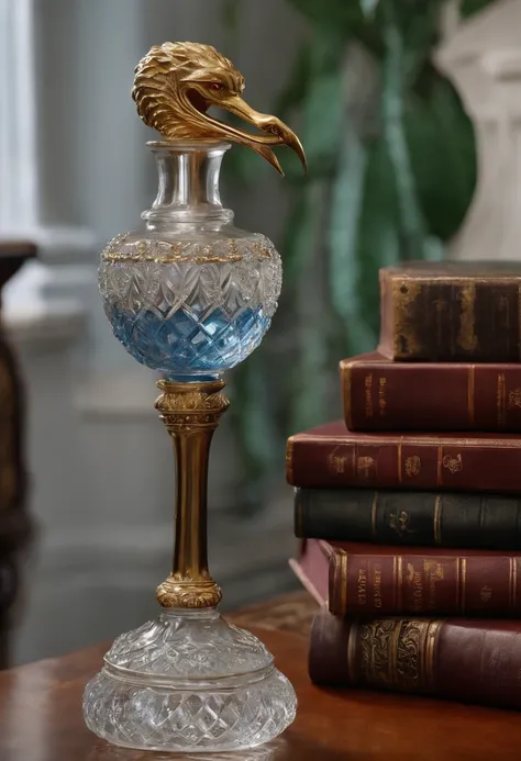 A vintage crystal decanter filled with the finest firewhiskey from the Malfoy family vault, being carefully poured into a gilded goblet in the opulent drawing room of the Malfoy Manor.,Harry Potter and the Chamber of Secrets,Lucius is tall with long straig...