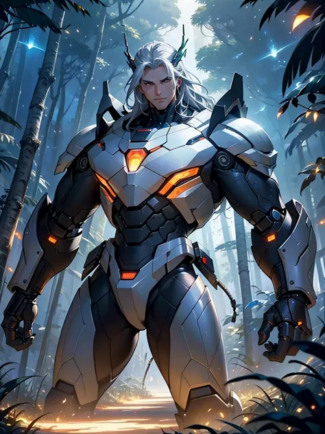 （（tmasterpiece，best qualtiy）），Beautiful 8K Ultra HD professional photos, Sharp focus, In a stunning fantasy world, large silver-haired man, stunning pose, large revealing mechanical robot structure，Interstellar, jungle surrounded by fireflies，ssee-through，...