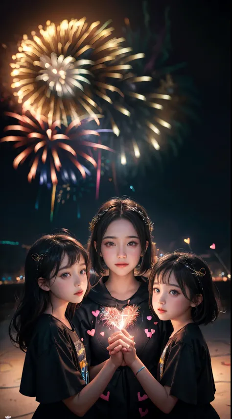 abstract concept art, very detailed, 3 children holding hands watch a magnificent (fireworks :1.2)galaxy milky way, big colorful (heart-shaped:1.3) light painting, intricate, artstation, gorgeous, octane render, volumetric lighting, dof, bokeh