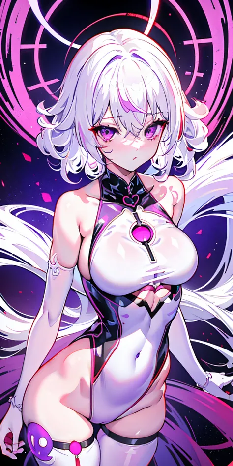 1个Giant Breast Girl, White hair, a purple eye, hollow latex，curlies, small boobs, Be red in the face, Glow, upper legs, Bare shoulders, 鎖骨, Willow waist, (tmasterpiece), Slim body，（（full bodyesbian））