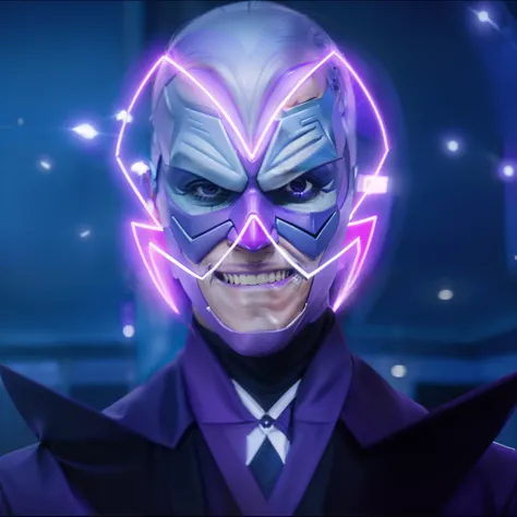 a close up of a person wearing a purple mask and a purple suit, joe biden as an anime villain, this character has cryokinesis, evil villain grin, supervillain, an epic anime of a energy man, white fox anime, eva green as metamorpho, joe biden as a jojo cha...