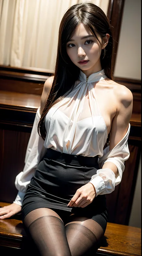 ulzzang -6500-v1.1, (Raw photo:1.2), (Photorealsitic), (See-through:1.3), (Real:1.4), upper class bewitching woman、１femele、luxury silk blouse:1.2, (Ultra-realistic pantyhose:1.2), No skirt、small luxury lace panties、Pantyhose Focus、Sit at the bar counter、Cr...