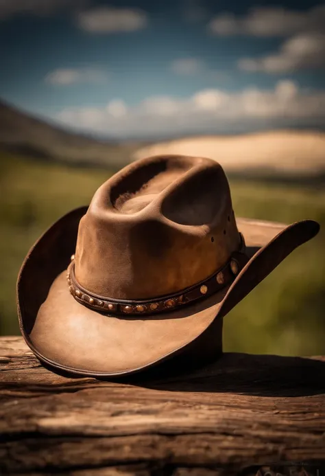 A high-resolution image of a worn and weathered cowboy hat, with creases and imperfections that tell the story of its adventures and character, creating a visually authentic and nostalgic image.