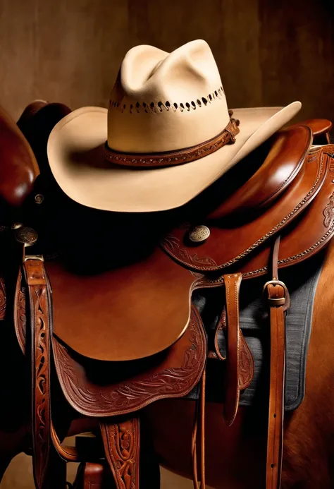 A visually pleasing composition of a cowboy hat on a horse saddle, with a lasso coiled neatly beside it, capturing the essence of the cowboy’s tools and the ruggedness of their lifestyle.