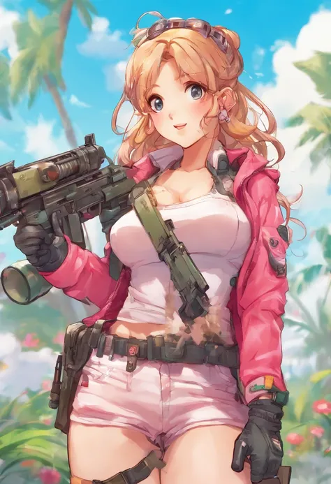 Affiche du film Commando, Belle femme soldat, anime girl aux cheveux verts tenant un pistolet rose, bikini + Tattered military equipment, Fille soldat, avec fusil, fully colored, trigger anime artstyle, Special operations，Avoir un gros pistolet à la main, ...