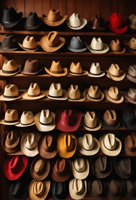 A high-resolution image of a collection of cowboy hats of different colors and styles, arranged neatly on a wooden shelf, showcasing the variety and individuality of this iconic headwear.