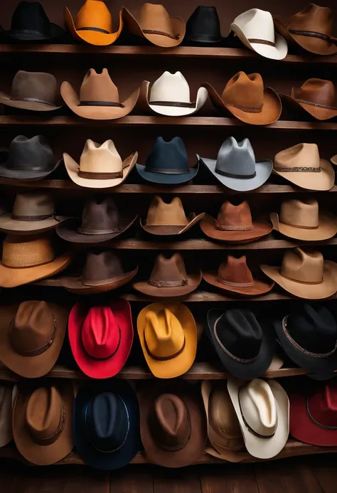 A high-resolution image of a collection of cowboy hats of different colors and styles, arranged neatly on a wooden shelf, showcasing the variety and individuality of this iconic headwear.