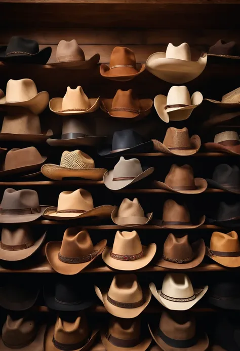 A high-resolution image of a collection of cowboy hats of different colors and styles, arranged neatly on a wooden shelf, showcasing the variety and individuality of this iconic headwear.