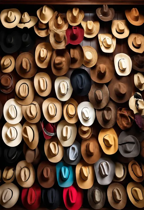 A high-resolution image of a collection of cowboy hats of different colors and styles, arranged neatly on a wooden shelf, showcasing the variety and individuality of this iconic headwear.