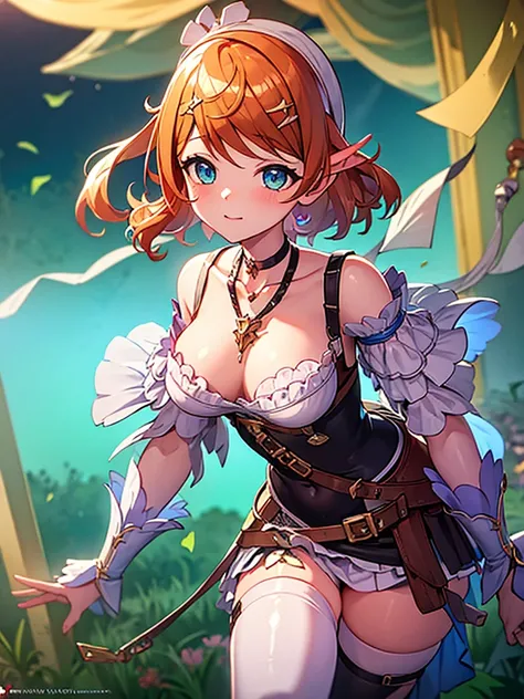 (greatest masterpiece, ultimate quality, ultra-detailed, movie lighting), 1girl, solo, super fine illustration, an extremely delicate and beautiful, 8K, Resna, Atelier Resleriana, slime monster, bravely facing, plains, long flowing orange braided hair, kin...