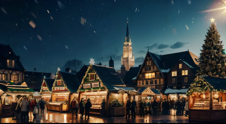 Christmas market, Brightly lit，midnight city, bokeh, 8K, high qulity, tmasterpiece, Best quality at best, k hd, The is very detailed, Volumetriclighting, realisticlying,