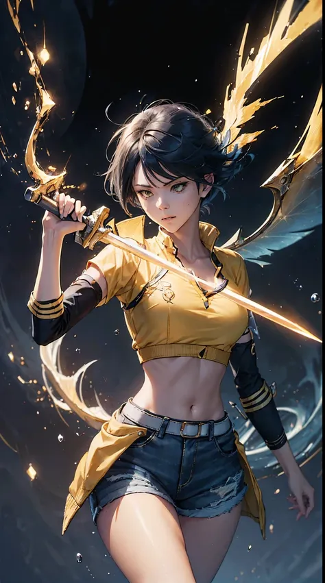 man, elegant pose, baddas stare,hold a yellow sword with a yellow lightning emblem, yellow short wispy pixie hair, yellow eyes, ...