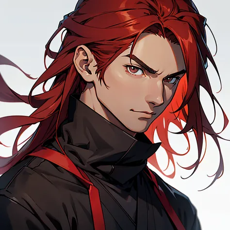 anime image of a man with red hair and dark brown eyes, long straight hair, 1man, solo man, male anime character, head shot, close up shot, simple background, ninja clothing, japanese clothing, dark clothing