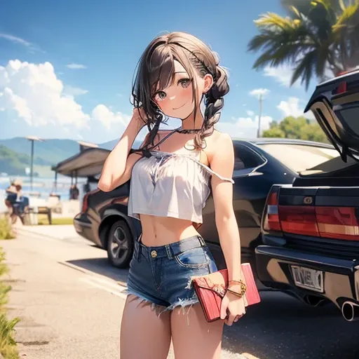 ((masterpiece,best quality)), highres, extremely detailed 8K wallpaper, cheerful, camisole, bare shoulders, cleavage, crop top, cutoffs, denim shorts, midriff, short shorts, spaghetti strap,, glamor, tights, fascinator, braid, , from front,