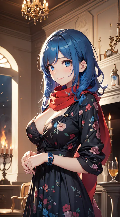 top-quality、Top image quality、​masterpiece、girl with((sixteen years old、teen ager、cute little、Best Bust、big bast,Beautiful blue eyes、Breasts wide open, blue hair and red hair、Longhaire、A slender,Large valleys、,Black floral dress、A smile、blue scarf、Black wr...