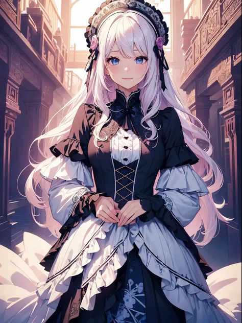 (​masterpiece、top-quality、top-quality、Official art、Beautifully Aesthetic:1.2)、(1womanl)、ighly detailed、(Fractal Art:1.4)、highestdetailed、long wavy white hair、Blue eyes、rounded drooping eyes、very small chest 、Flat, Poor chest、Mature beautiful woman、The back...