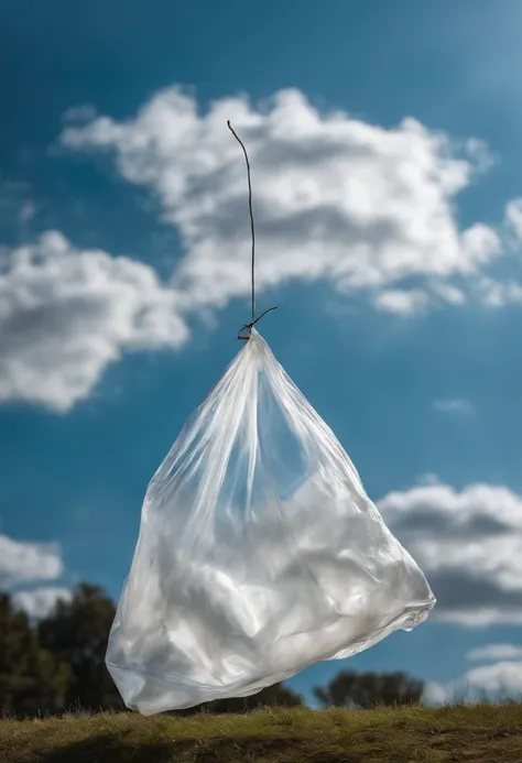 A visually stunning composition of a plastic bag floating in the wind against a clear blue sky, with the bag billowing and creating a visually dynamic and captivating image.