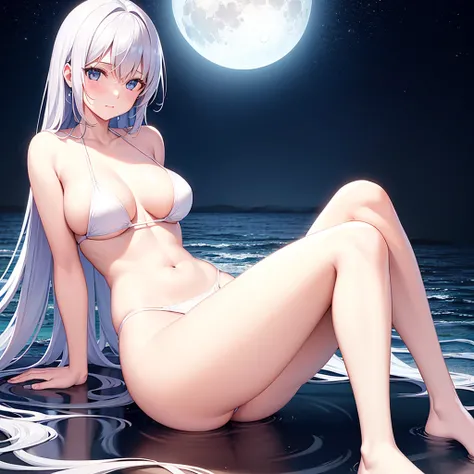 1 girl、beauitful face、sexyposture、Spread your legs slightly、White undercoat、white moon on background、As estrelas、The large、(Light room:1.13)、gentlesoftlighting、(Natural skin texture:1.2)、(ultra-realistic realism:1.2)、lock focus、Sitting by the sea，knee bend...