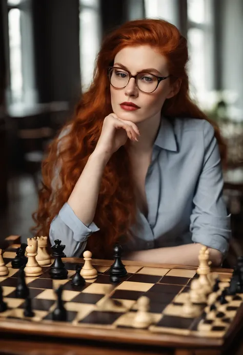 A photo of a person sitting at a chessboard, deep in concentration.,original,red hair, red beard, brown eyes, pale skin, square-framed glasses, button-up shirts, dress slacks, Scandinavian, thin, slender, tall