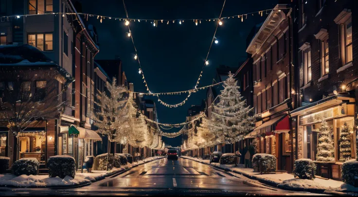 Christmas street scene, Brightly lit，midnight city, bokeh, 8K, high qulity, tmasterpiece, Best quality at best, k hd, The is very detailed, Volumetriclighting, realisticlying,