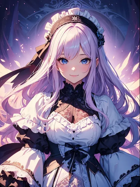 (​masterpiece、top-quality、top-quality、Official art、Beautifully Aesthetic:1.2)、(1womanl)、ighly detailed、(Fractal Art:1.4)、highestdetailed、long wavy white hair、Blue eyes、rounded drooping eyes、very small chest 、Flat, Poor chest、Mature beautiful woman、the back...