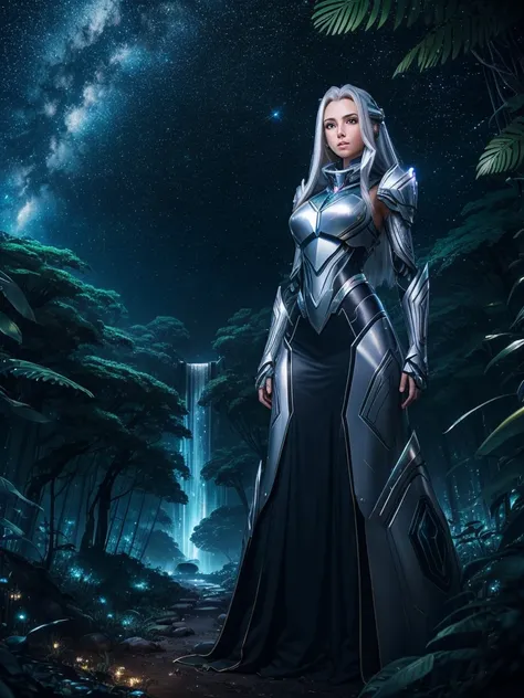 （（tmasterpiece，best qualtiy）），Beautiful 8K Ultra HD professional photos, Sharp focus, In a stunning fantasy world, large silver-haired girl, stunning pose, large revealing biotech robot structure, full body image, Interstellar, jungle surrounded by firefli...