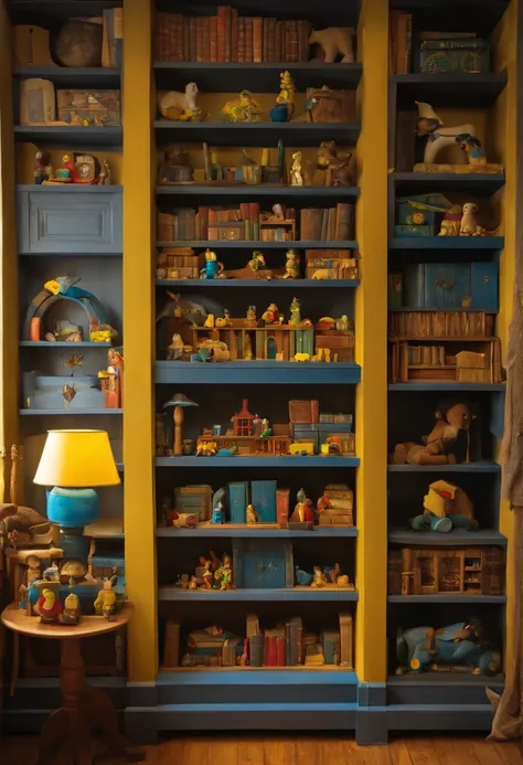 A picture of a beautifully handcrafted wooden bookshelf filled with colorful childrens books and toys.,original,Blue and yellow Swedish warehouse.