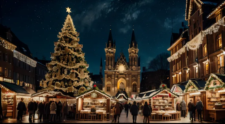 Christmas market, People Gathering，Brightly lit，midnight city, bokeh, 8K, high qulity, tmasterpiece, Best quality at best, k hd, The is very detailed, Volumetriclighting, realisticlying,