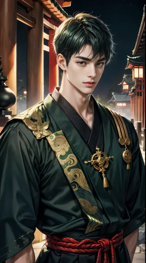 (Best Quality, masutepiece), (Precincts of the shrine: 1.2), black and green short hair, A beautiful boy from ancient Japan, Upper body, Correctly drawn eyes, Night