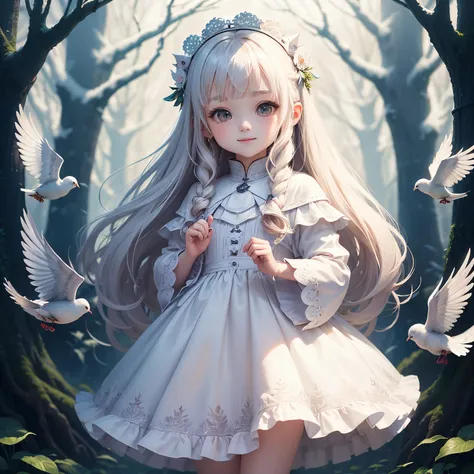 ​masterpiece、top-quality、ultra-detailliert、(Chibi Charas Daughter:1.2)、white longhair、A white dove lands on my head、White Wraith、Fairy tale midwinter forest、a smile、Standing、The dove has a laurel branch in its mouth、🕊️