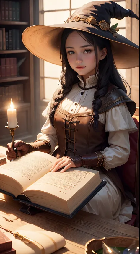 Beautiful Young Witch, The girl is dressed in a snow-white dress, A girl reads a huge ancient book in the library, The girl smiles sweetly, His face is illuminated by the bright rays of the sun, witch&#39;s hat on the head, The perfect female face of the g...