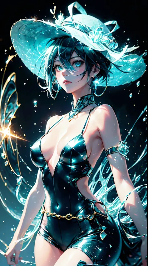 skistyle, miku hatsune, masterpiece, best quality, 1girl, blush, aqua eyes, cap, closed mouth, earrings, hat, hoop earrings, jewelry, looking at viewer, shirt, simple background, solo, upper body, yellow shirtHD lighting and dark )<=(epic image quality)dar...