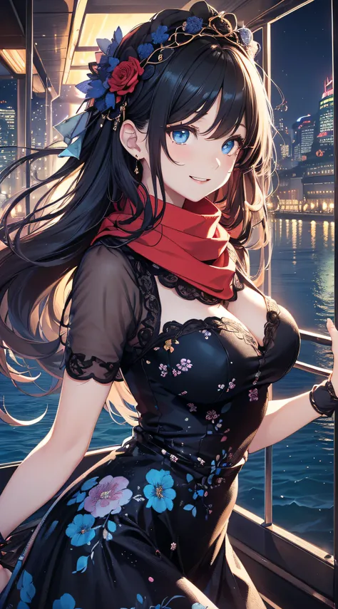 top-quality、Top image quality、​masterpiece、girl with((sixteen years old、teen ager、cute little、Best Bust、big bast,Beautiful blue eyes、Breasts wide open, A dark-haired、red hairs、Longhaire、A slender,Large valleys、,Black floral dress、A smile、blue scarf、Black w...