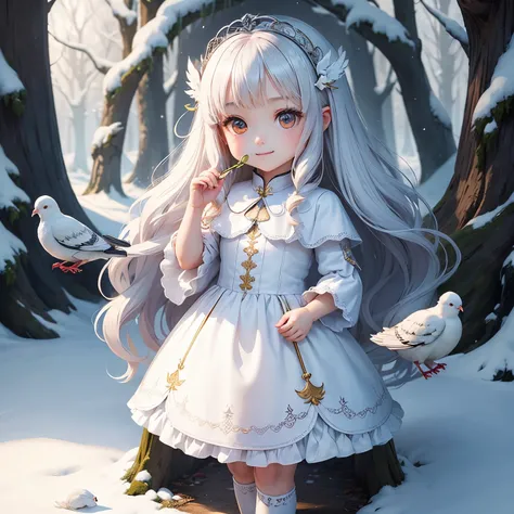 ​masterpiece、top-quality、ultra-detailliert、(Chibi Charas Daughter:1.27)、white longhair、A white dove landed on my head、White Wraith、fairy tale midwinter forest、A smile、Standing、A dove is holding a laurel branch in its mouth、🕊️