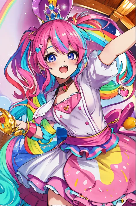 cute (chibi) princess in rainbow candy shop, highly detailed high contrast hd masterpiece of best quality in high resolution