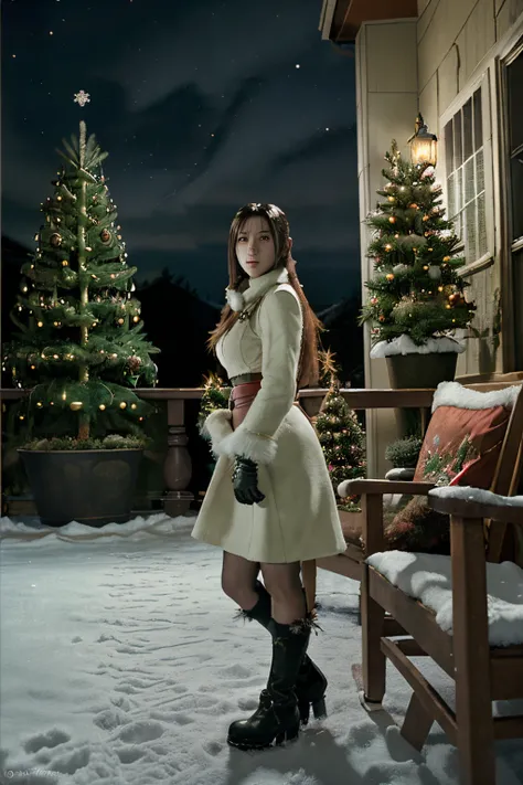 Final fantasy 8, Rinoa, standing on a porch, Christmas trees, Christmas decorations, night time, snow