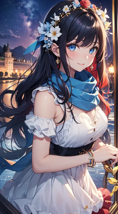 top-quality、Top image quality、​masterpiece、girl with((sixteen years old、teen ager、cute little、Best Bust、big bast,Beautiful blue eyes、Breasts wide open, A dark-haired、red hairs、Longhaire、A slender,Large valleys、unclear,White floral dress、A smile、blue scarf、...