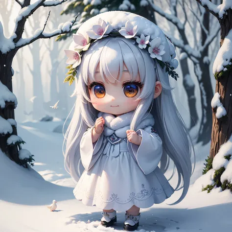 ​masterpiece、top-quality、ultra-detailliert、(Chibi Charas Daughter:1.27)、white longhair、A white dove landed on my head、White Wraith、fairy tale midwinter forest、A smile、Standing、A dove is holding a laurel branch in its mouth、🕊️