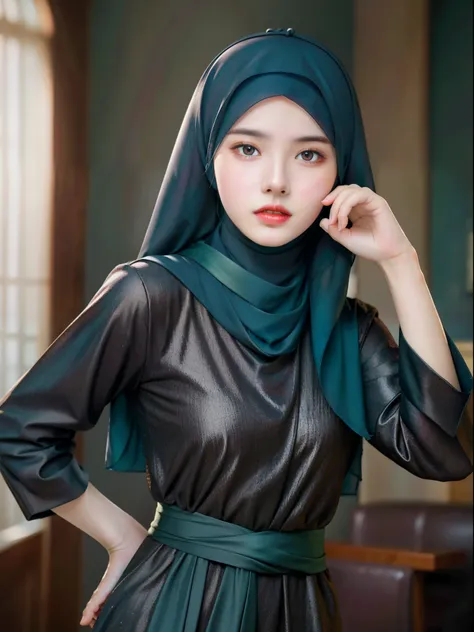 best quality, masterpiece, highres, (moslem female dress:1.4), necklace, Beautiful face, (upon body from head to waist:1.37), tyndall effect, photorealistic, dark studio, rim lighting, two tone lighting, 8k uhd, dslr, soft lighting, high quality, volumetri...