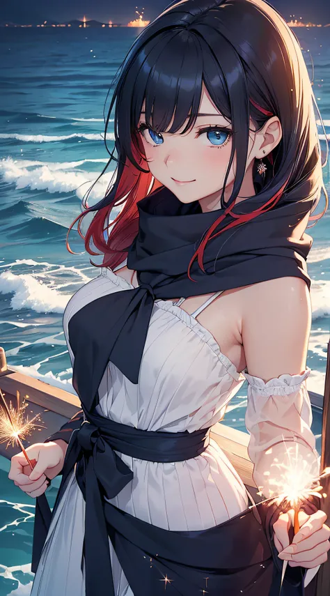 top-quality、Top image quality、​masterpiece、girl with((sixteen years old、teen ager、cute little、Best Bust、big bast,Beautiful blue eyes、Breasts wide open, A dark-haired、red hairs、Longhaire、A slender,Large valleys、garterbelts,robe blanche、A smile、blue scarf、Bl...