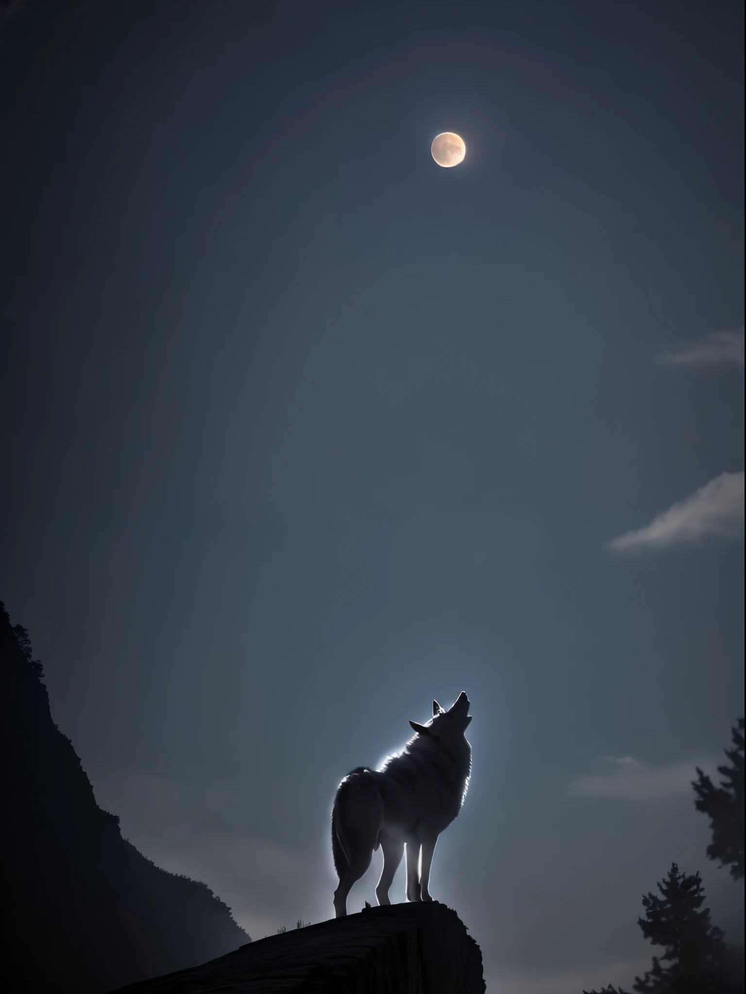 Wolf howl、Barking at the full moon、on a cliff、sideways Facing、One horse