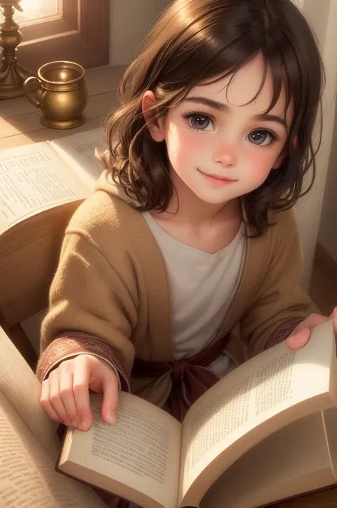 (best quality,ultra-detailed),(realistic:1.37),beautiful detailed eyes,beautiful detailed lips,dark brown hair , shiny eyes, long eyelashes, happy, detailed illustration,warm atmosphere,small,simple background,young boy,holding book,praying,reading Books, ...