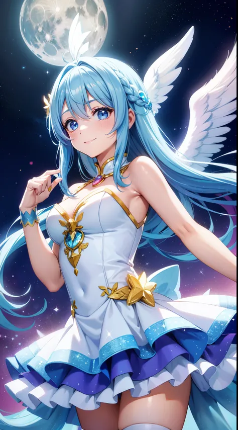 Super Idol　a beauty girl　A charming smile　sky blue hair　length hair　Twin-tailed　Glittery bright pink and white and blue and yellow outfit　facing front　Angel wings on background　Mystical　Fantasia　constellation　a moon　Crystal Brilliance　Aurora Borealis in th...